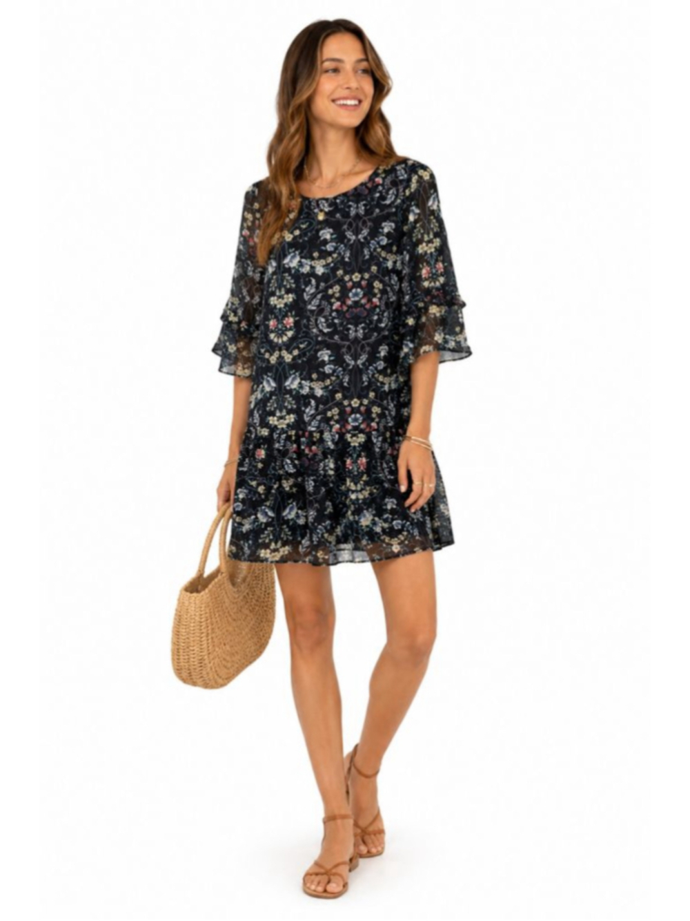 DR2 Navy Floral Tiered Dress XS Bell Sleeve Boho EUC